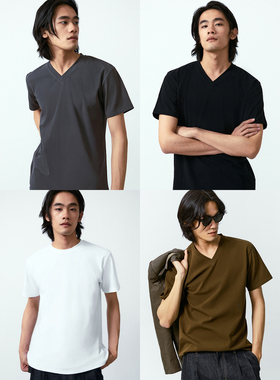 UNICA HOMME/男士v领打底衫大领口男反缝纯色t恤短袖男