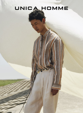 UNICA HOMME/刘宇宁同款 高阶时髦_亚麻色纺条纹宽松清凉立领衬衫