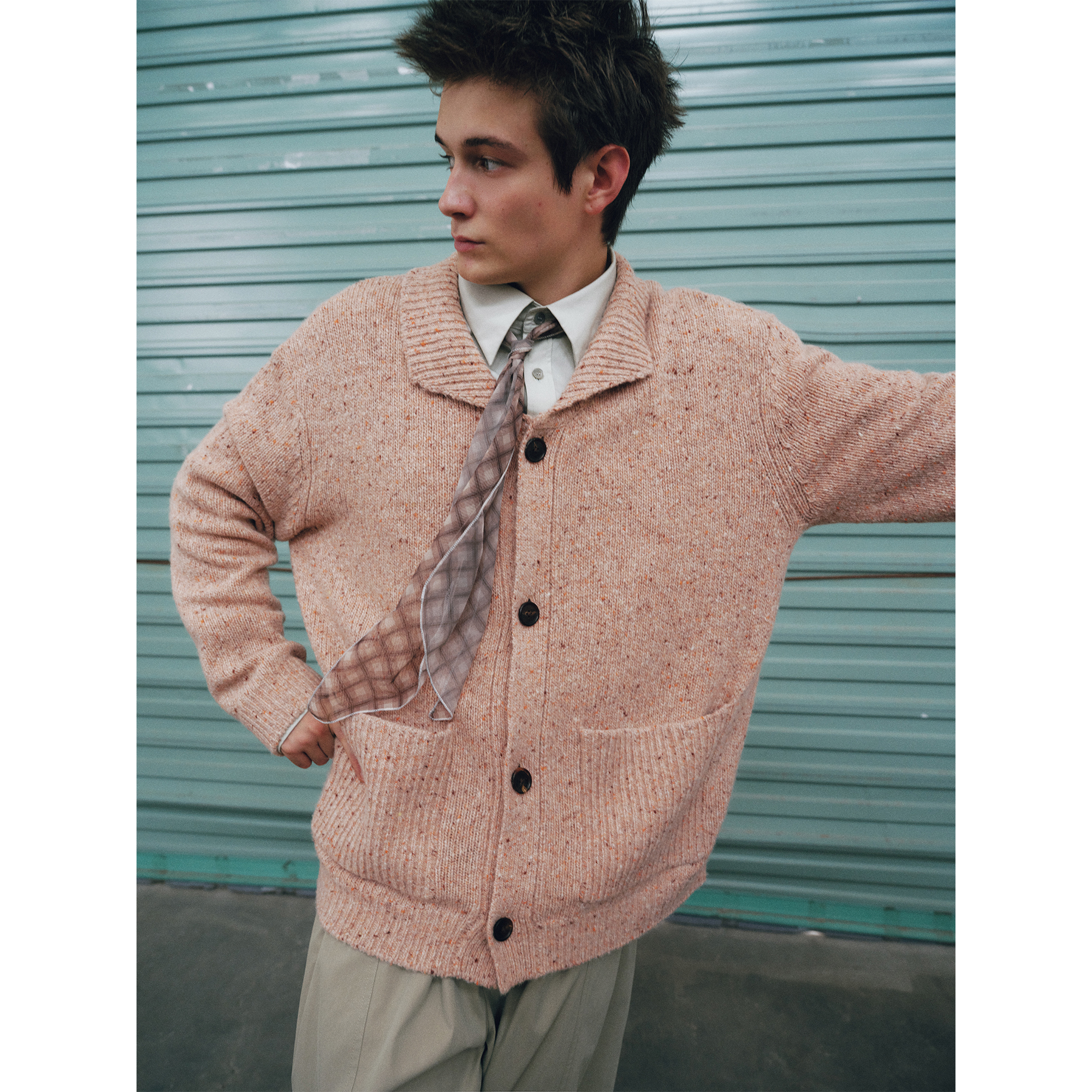 UNICAHOMME/趣味翻领绵软温暖绵羊毛彩点针织开衫男