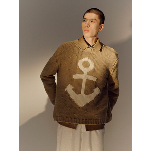 UNICA 复古海军风船锚趣意绵羊毛针织粗棒针毛衣 HOMME