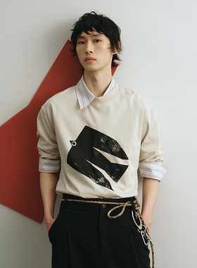 UNICA HOMME/何运晨同款早春时髦亲肤精梳棉原创EAGLE印花长袖T恤