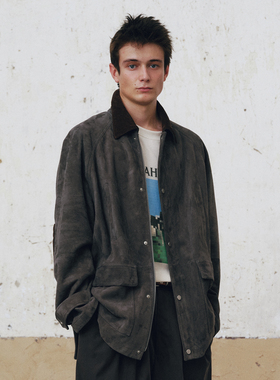 UNICAHOMME/复古插肩袖宽松翻领羊皮革麂皮绒保暖外套男