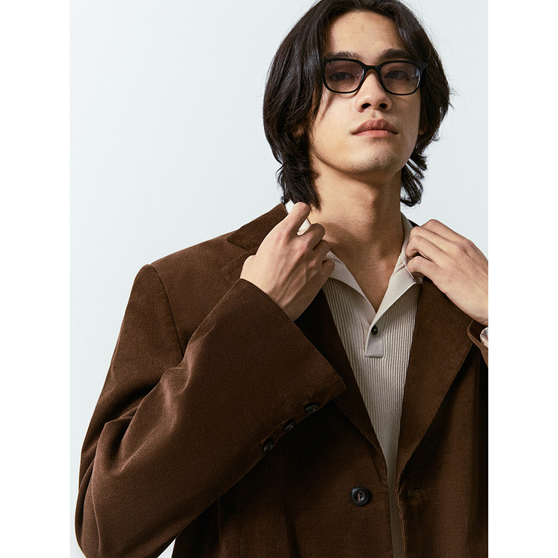 unica homme/复古波谱风_随身立体剪裁_轻薄细坑条灯芯绒驳领西装