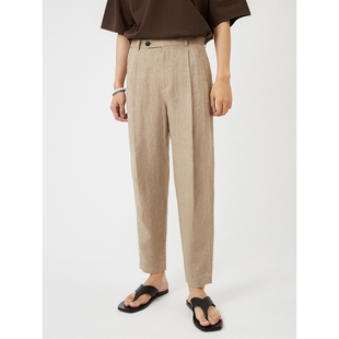 男 复古氛围_亚麻锥形纯色立体褶皱老钱风休闲裤 UNICA HOMME