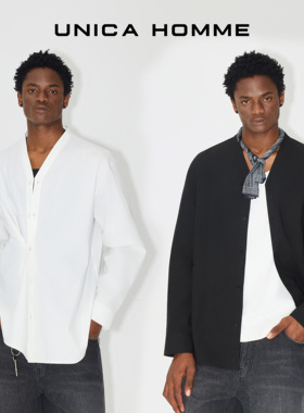 UNICA HOMME/松弛腔调理念_白色黑色V领男士廓形衬衫外套男