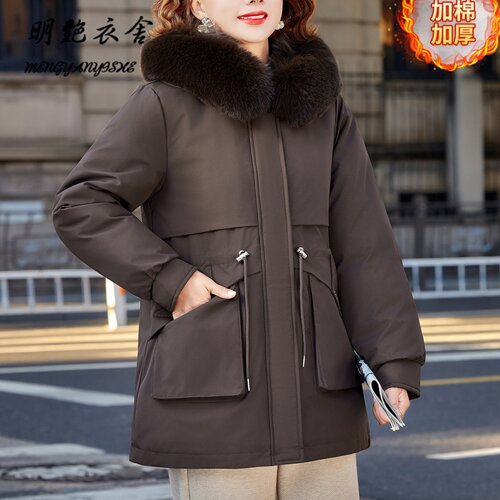 中年妈妈冬装外套派克服羽绒棉服中老年人女加绒加厚棉袄高档时尚