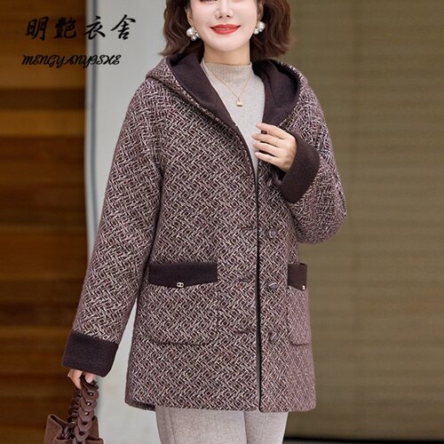 妈妈水貂绒毛呢外套加棉加厚2026冬装新款中老年女保暖金貂绒大衣