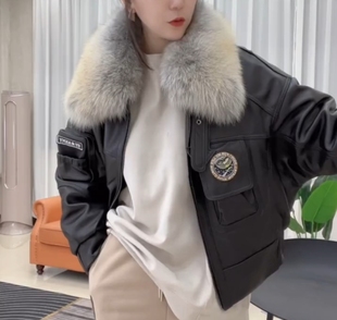 新进口羊皮衣加棉宽松狐狸毛领蝙蝠百搭长袖外套短款秋冬女装精品
