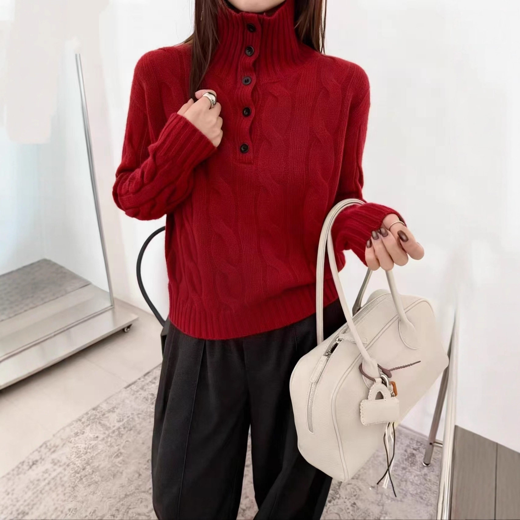 全羊毛100%针织衫半开扣立领麻花套头毛衣女宽松慵懒风加厚上衣JL