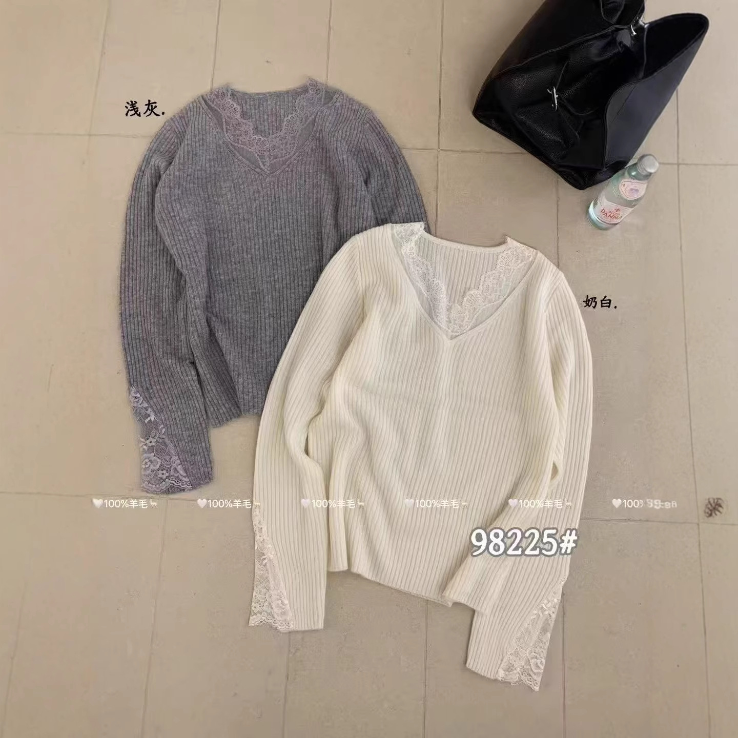 法式纯欲蕾丝细节拼接针织衫V领蕾丝外穿内搭超级显瘦针织小衫HR
