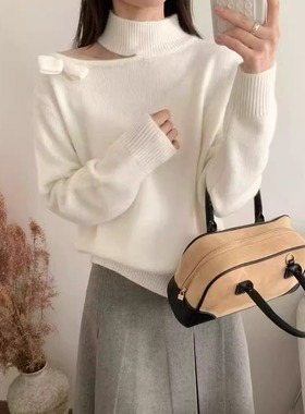 KJ白色羊驼绒韩系慵懒感露肩蝴蝶结针织衫毛衣女2025冬款宽松百搭