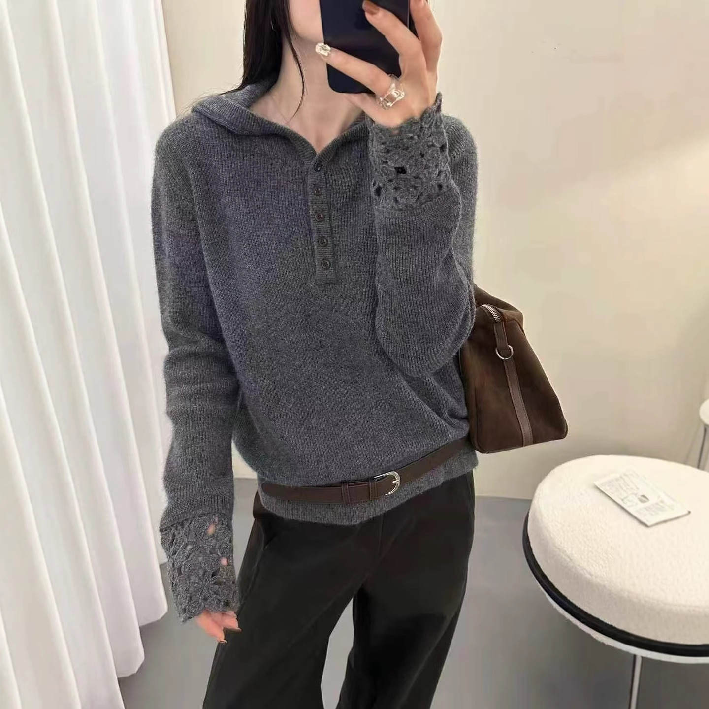 韩版连帽羊毛针织衫女2025秋冬新款宽松休闲钩花百搭毛衣上衣HZ