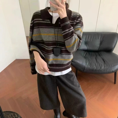 羊毛针织衫女2025新款复古条纹撞色宽松显瘦百搭毛衣外套潮HZ