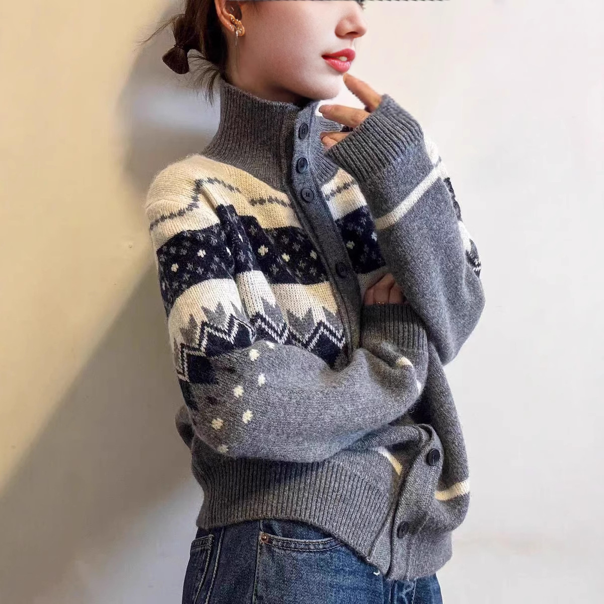 HR复古提花高领羊毛针织开衫女欧洲站2025冬装新款欧货女装打底衫