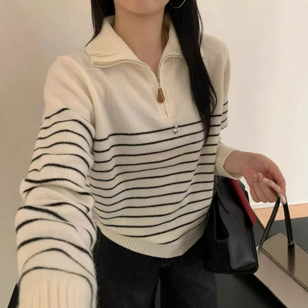 2025秋冬新款半拉链翻领条纹羊毛针织衫女宽松显瘦毛衣女上衣潮CC