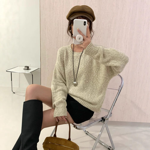 法式重工珍珠亮片时尚百搭针织衫2025春季新款圆领修身打底衫ZYD