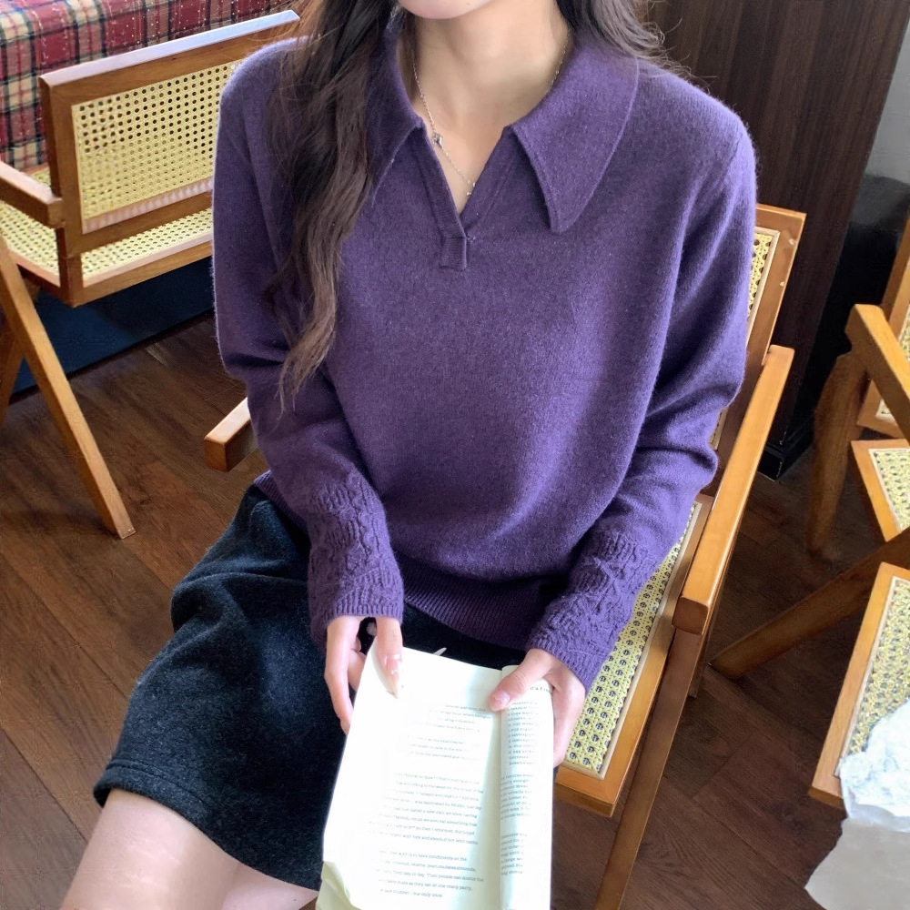 CC高级感韩系polo领针织毛衣女冬季简约慵懒风打底衫宽松内搭上衣