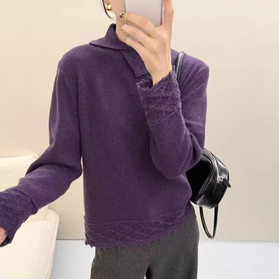 2025秋冬新款娃娃领针织衫镂空蕾丝边时尚百搭洋气长袖毛衣女潮YZ