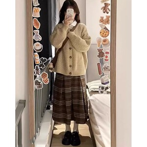 梨形身材a字毛呢半身裙女秋冬胖mm高腰遮跨显瘦咖啡色格纹中长裙