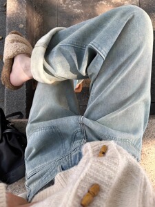 加绒加厚直筒牛仔裤女秋冬新款大码胖mm高腰宽松显瘦窄版阔腿长裤