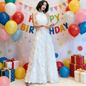 连衣裙 长款 白色小礼服18成人礼生日派对连衣裙平时可穿无袖 挂脖式