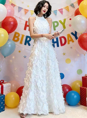 白色小礼服18成人礼生日派对连衣裙平时可穿无袖挂脖式长款连衣裙