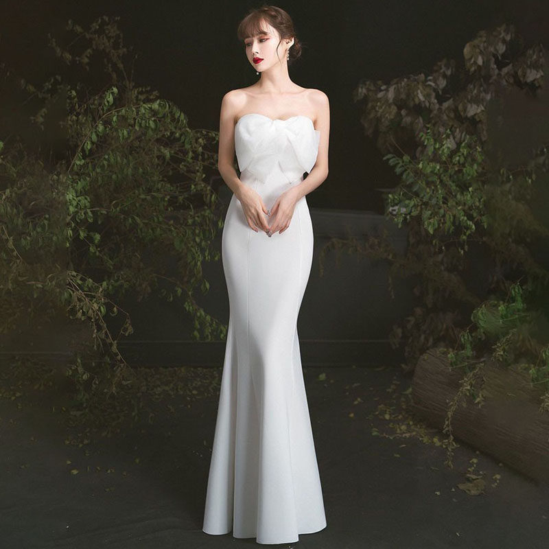 抹胸晚礼服裙长款2021新款气质高端大气优雅白色宴会年会主持人女
