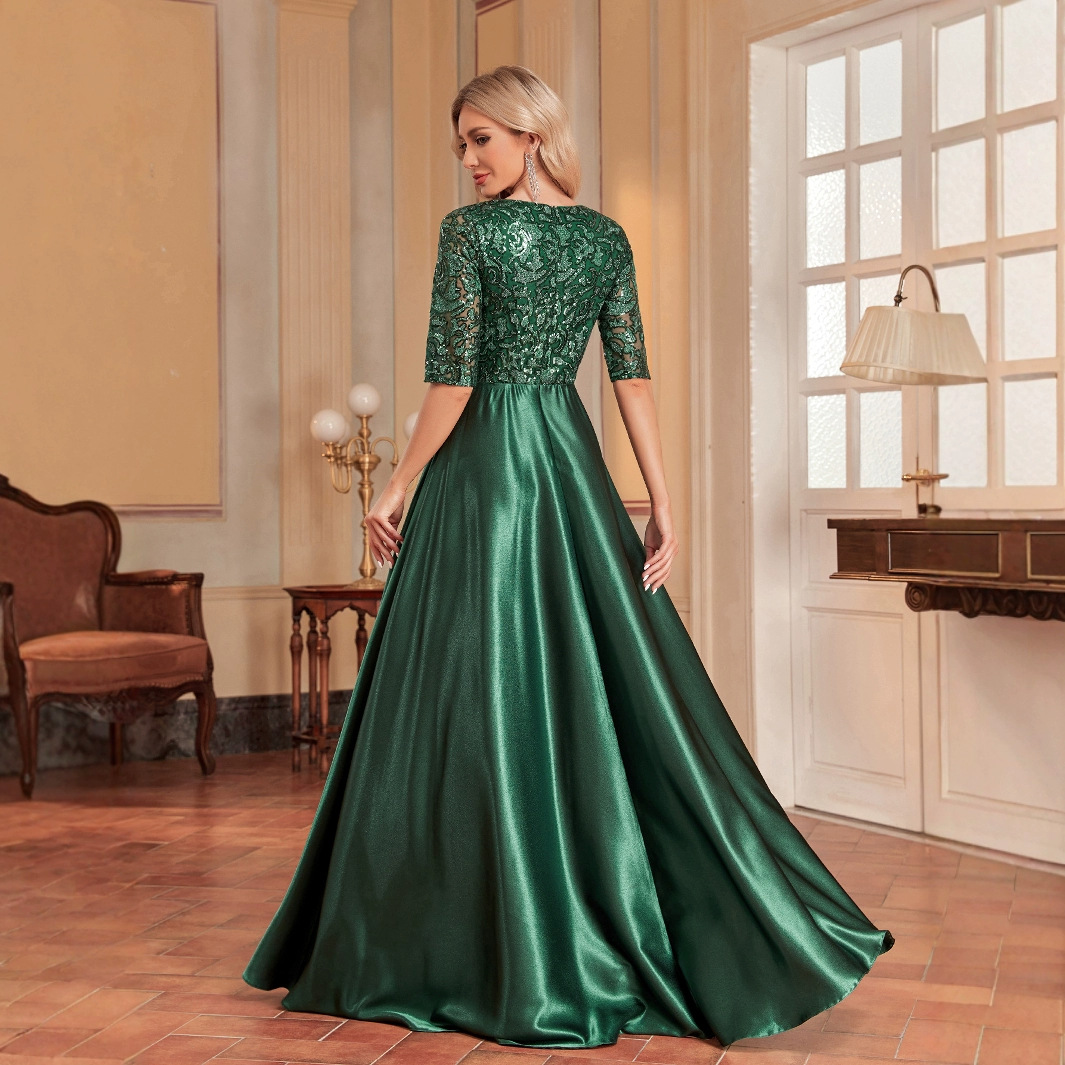 新款欧美V领长袖优雅舞会晚礼服时尚礼服连衣裙