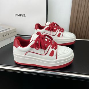 5cm厚底真皮小白鞋女百搭2026新款复古擦色运动休闲女鞋增高板鞋