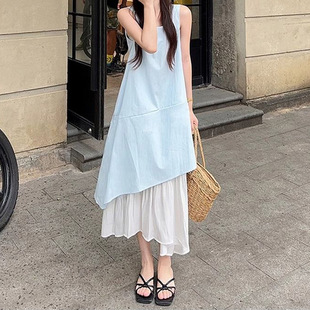 欧式 设计感别致不规则宽松遮肉中长 温柔风甜美撞色连衣裙女装 夏季