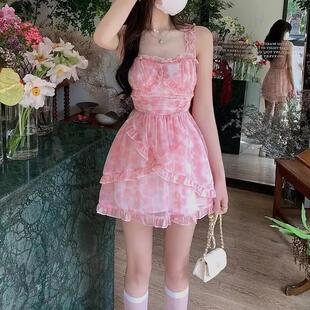 粉色夏季 欧式 超仙海边度假收腰显高a字碎花雪纺吊带连衣裙气质短