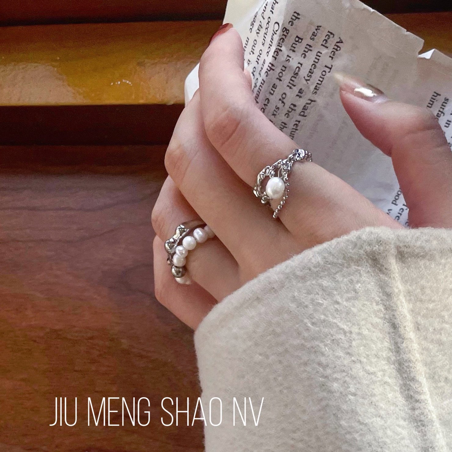 时尚复古ins韩国2022同款S925银多层珍珠戒指流苏吊坠开口戒子