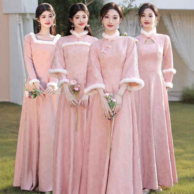 粉色伴娘服2025新款春季中式姐妹团婚礼旗袍礼服裙女长袖加绒加厚