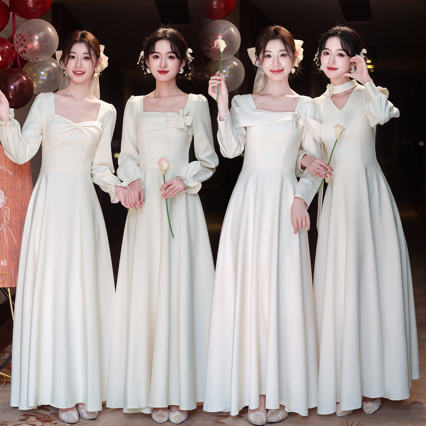 2025新款伴娘缎面长袖礼服裙