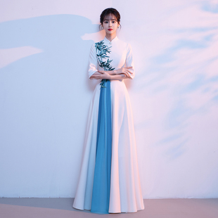 新款大合唱团演出服女长裙中式白色主持朗诵学生歌唱表演晚礼服女