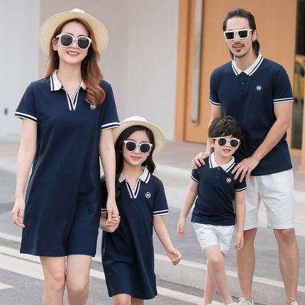 2020新款亲子装夏装Polo裙短袖母女连衣裙 一家三口四口母女套装