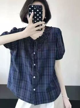 学院风格子衬衫女木耳边领夏季短袖宽松减龄小衫深蓝色洋气衬衫超