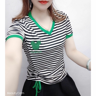欧洲站薄款2024夏季新款时尚T恤v领短袖遮肚显瘦上衣字母小衫女士
