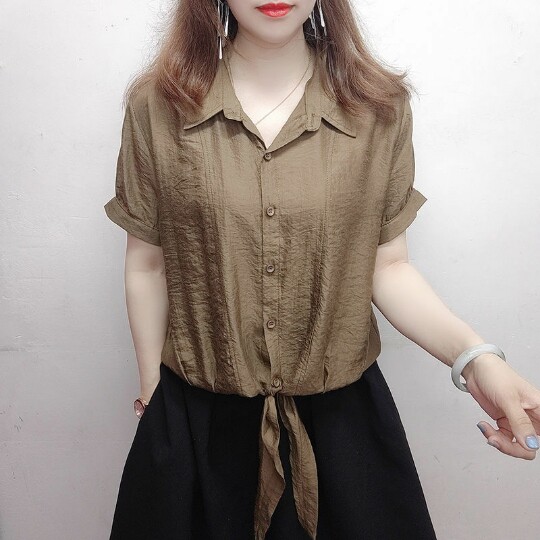 欧货大码女装宽松显瘦2023夏t桖短袖凉快薄款上衣系带洋气雪纺衫