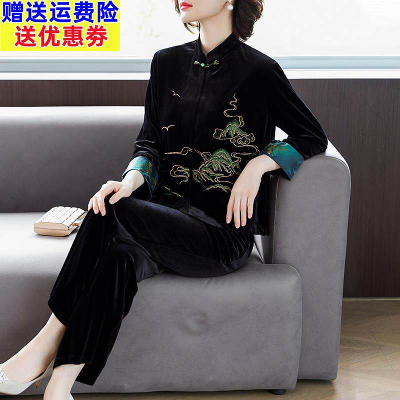 新中式妈妈秋装金丝绒休闲套装2025新款中老年女装长袖国风上衣服