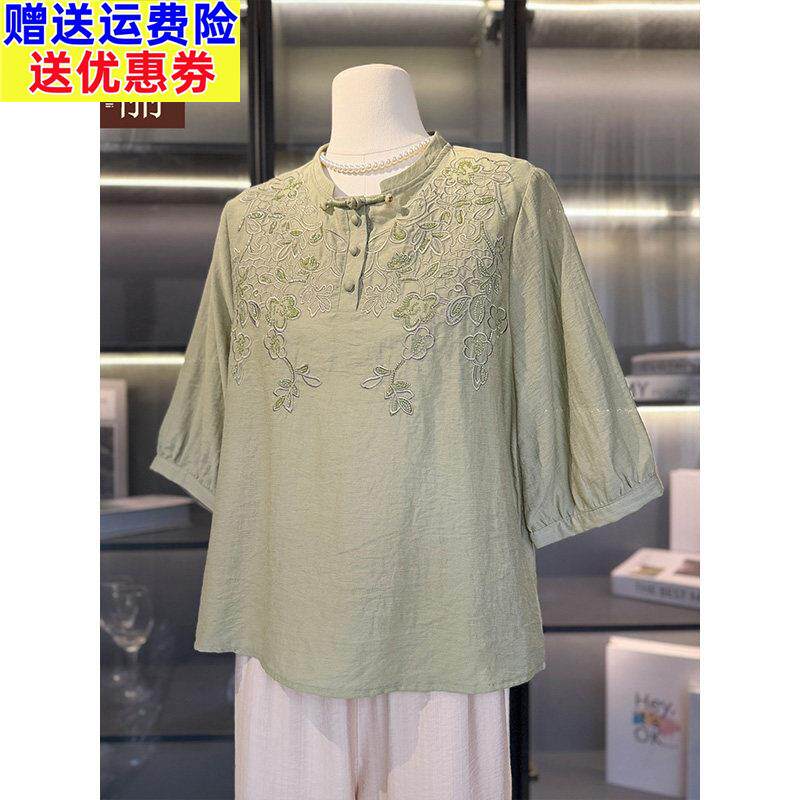 母亲节棉麻T恤女中老年人妈妈夏装宽松薄款新中式中国风短袖上衣