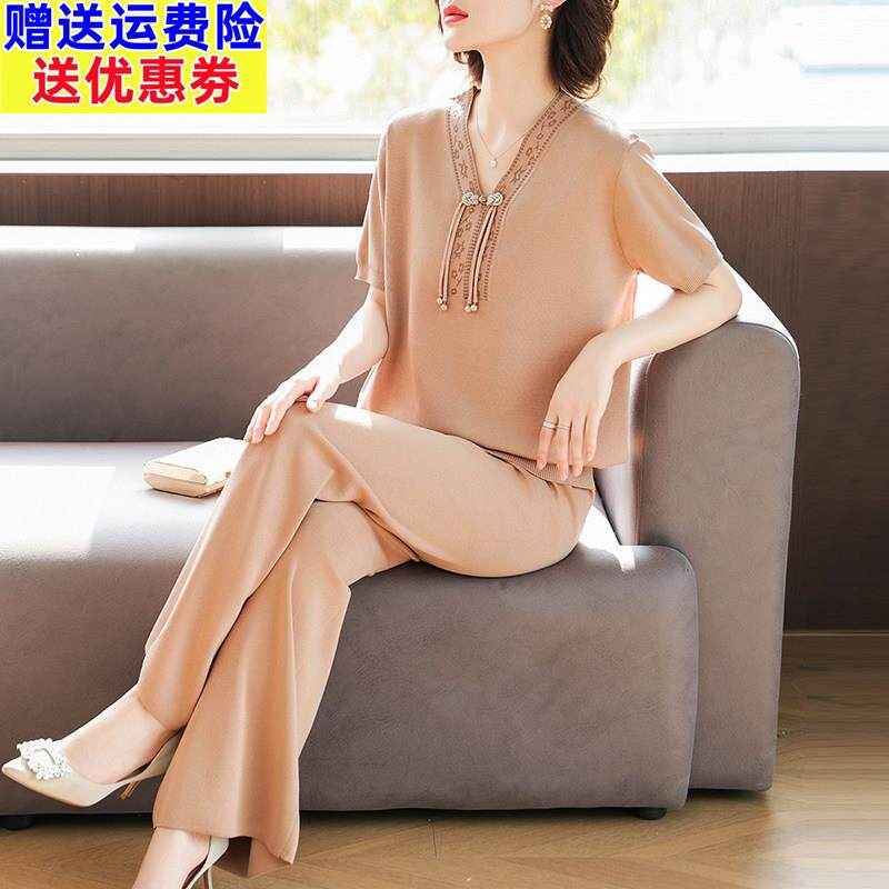 中年妈妈夏装休闲新中式套装洋派中老年女高贵夫人短袖冰丝上衣服