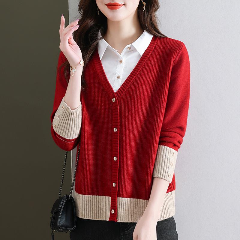中年妈妈装假两件本命年红色毛衣女春秋宽松大码上衣衬衫领打底衫