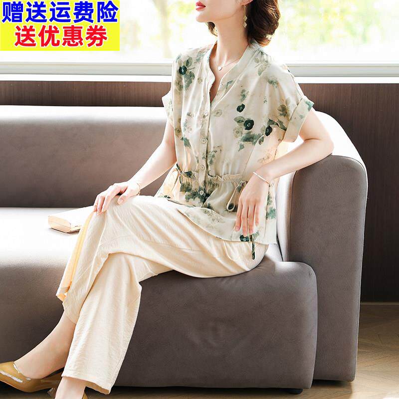 妈妈夏装2026新款套装时尚雪纺衬衫中老年女装短袖T恤上衣两件套