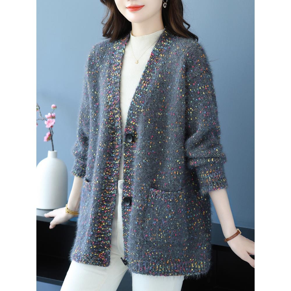 妈妈秋冬时尚针织开衫大码中长款V领毛衣外套女宽松洋气羊毛外搭