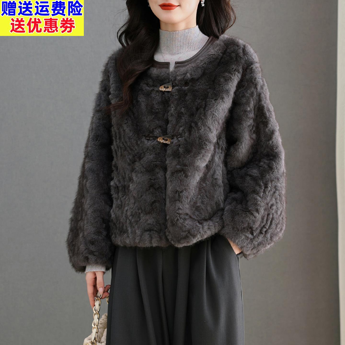 水貂绒皮草大衣外套女开衫圆领短款高腰小个子卡腰2025新款秋冬装