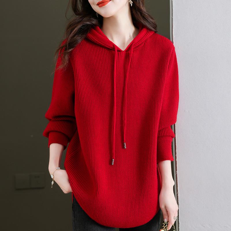 毛衣女冬季中长款连帽宽松特大码红色卫衣胖mm上衣针织帽衫打底衫