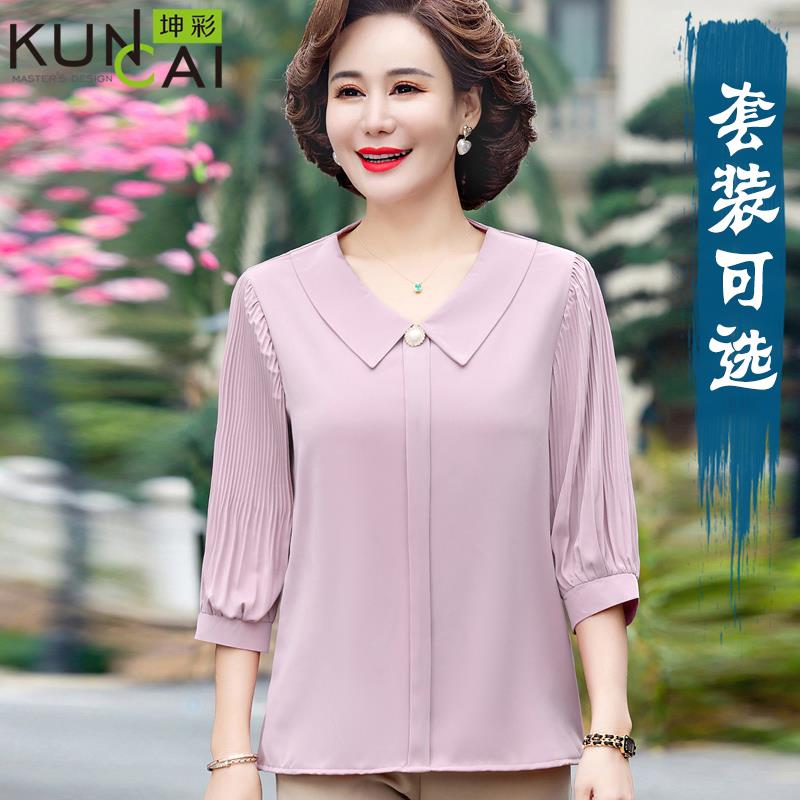 2025新品中老年妈妈夏装中袖娃娃领减龄雪纺套装中年洋派女装T恤