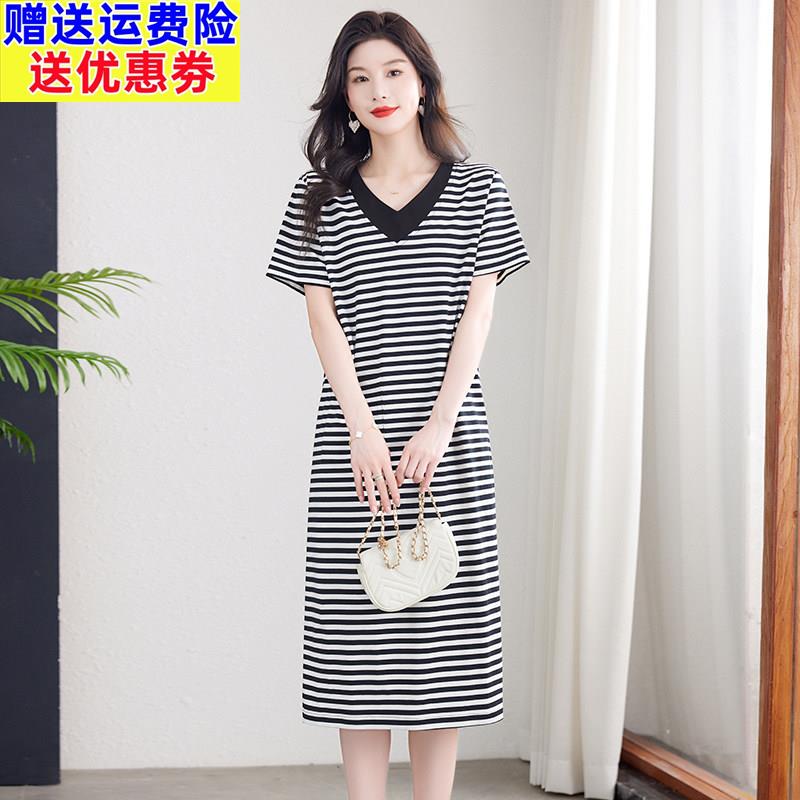 纯棉洋装女夏季长版宽松过膝短袖t恤长裙条纹休闲运动大尺码全棉