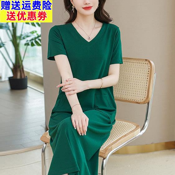 短袖V领洋装女夏季纯棉t恤裙长版过膝大尺码宽松显瘦休闲裙子洋派